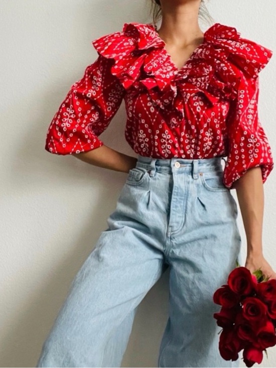 Zara Tops - Zara Bloggers Fav - Red Ruffle-Trim Blouse - Casual Top